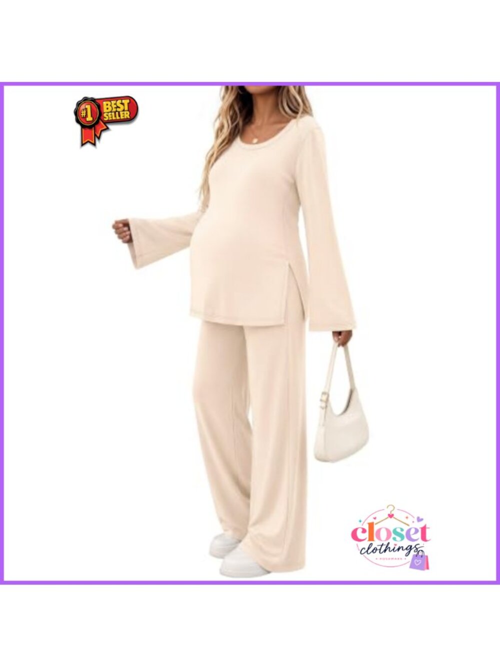 Maternity 2 Piece Lounge Set U-Neck Bell Sleeve Top Wide Leg Pants
